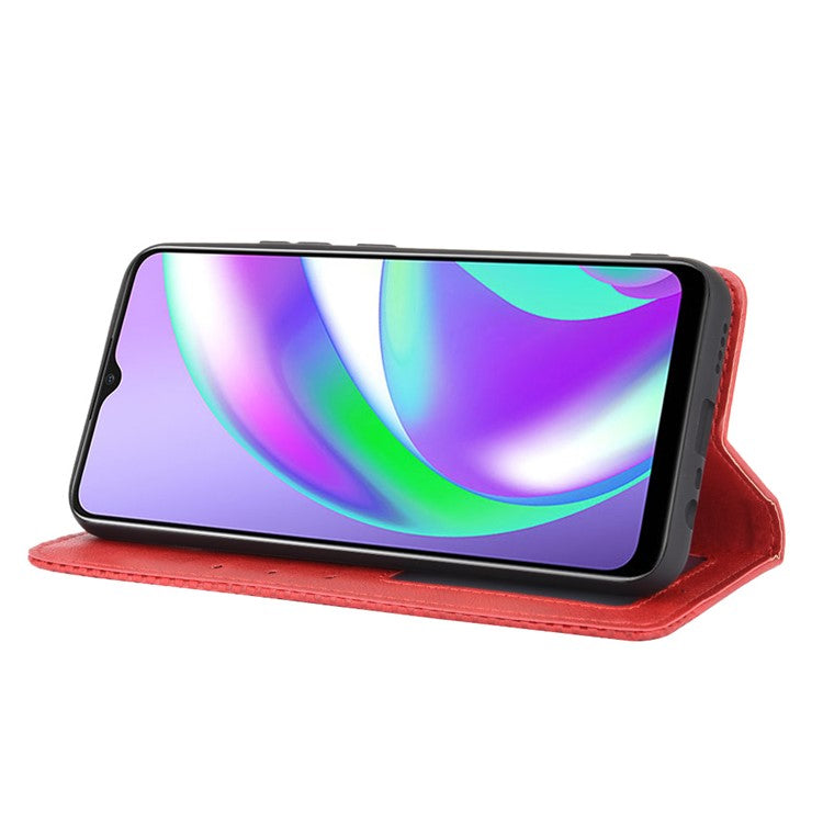 Vintage Style Wallet Stand Leather Phone Cover for Realme C12 - Red