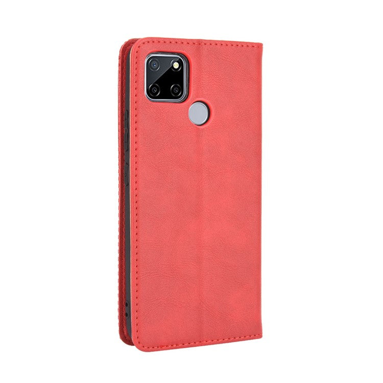 Vintage Style Wallet Stand Leather Phone Cover for Realme C12 - Red