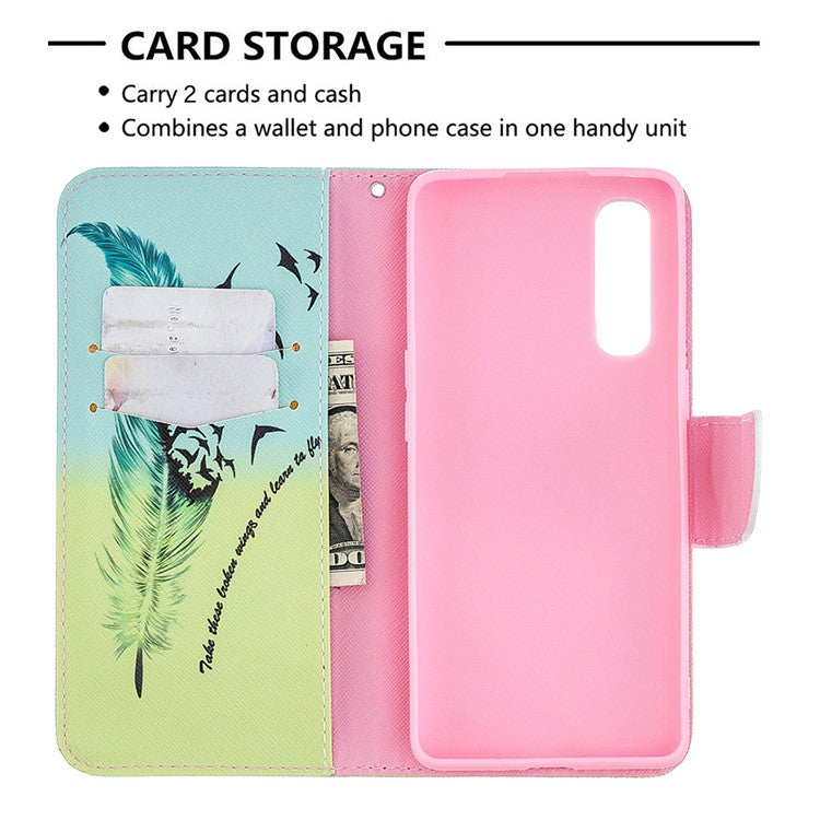 Pattern Printing Skin Magnetic Leather with Wallet Case for Oppo Find X2 Neo - Feather Pattern