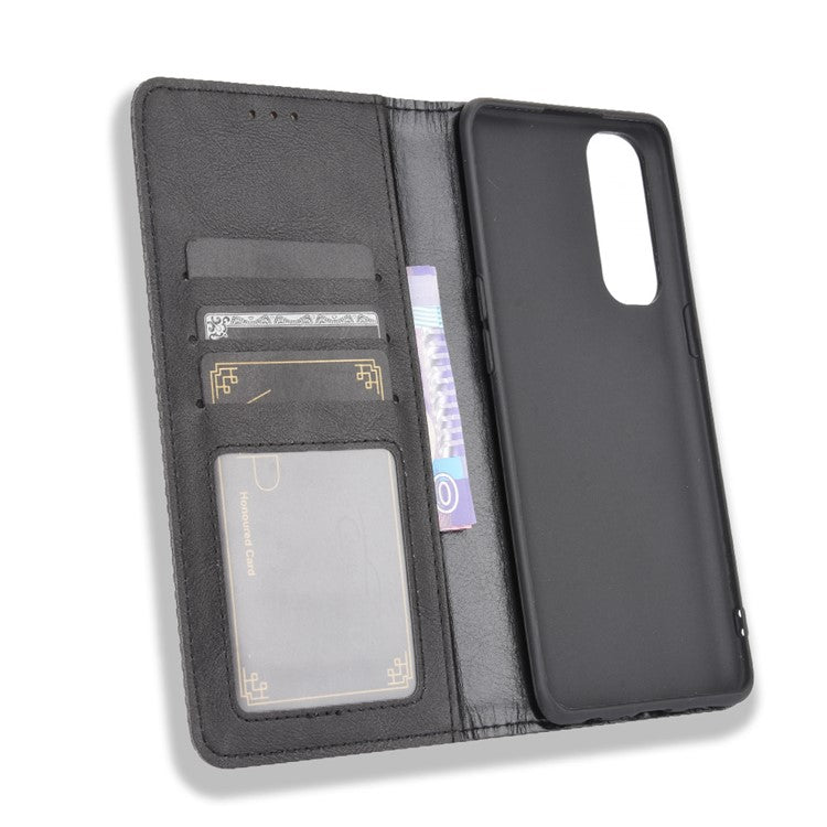 Retro with Wallet Stand Leather Phone Cover for Oppo Reno4 Pro 4G - Black