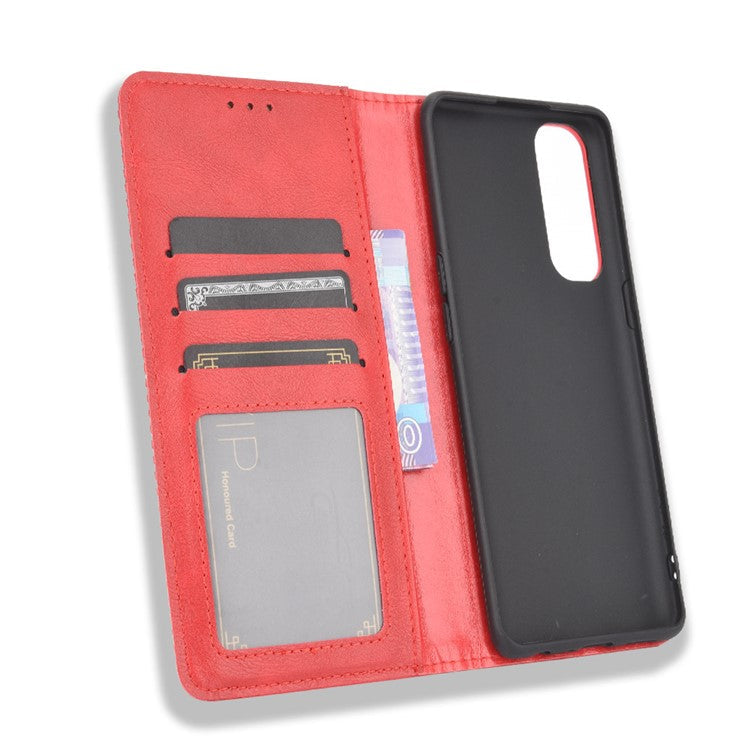 Retro with Wallet Stand Leather Phone Cover for Oppo Reno4 Pro 4G - Red