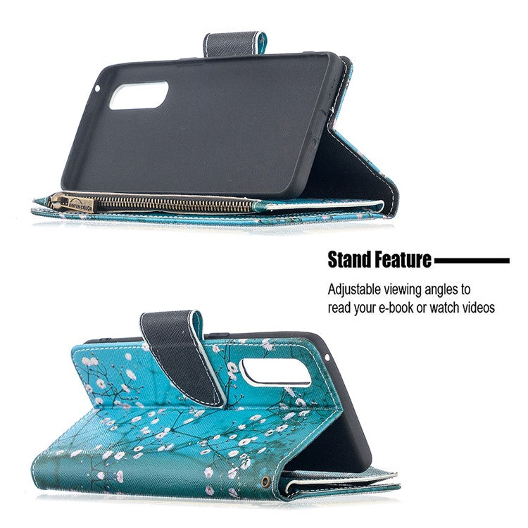 Printing Skin Zipper Pocket Leather Case for Oppo Reno3 Pro/Find X2 Neo - Plum Blossom