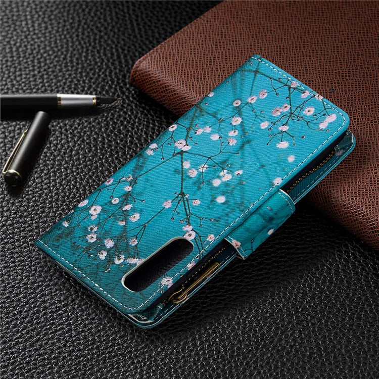 Printing Skin Zipper Pocket Leather Case for Oppo Reno3 Pro/Find X2 Neo - Plum Blossom