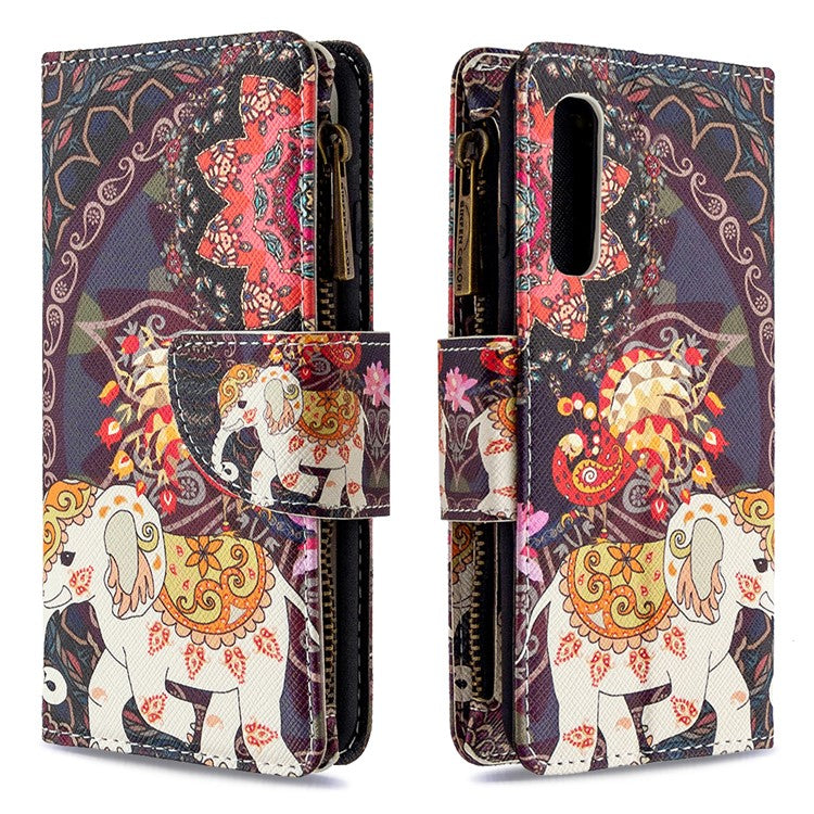 Printing Skin Zipper Pocket Leather Case for Oppo Reno3 Pro/Find X2 Neo - Elephant