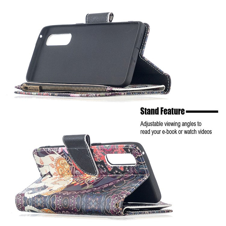 Printing Skin Zipper Pocket Leather Case for Oppo Reno3 Pro/Find X2 Neo - Elephant