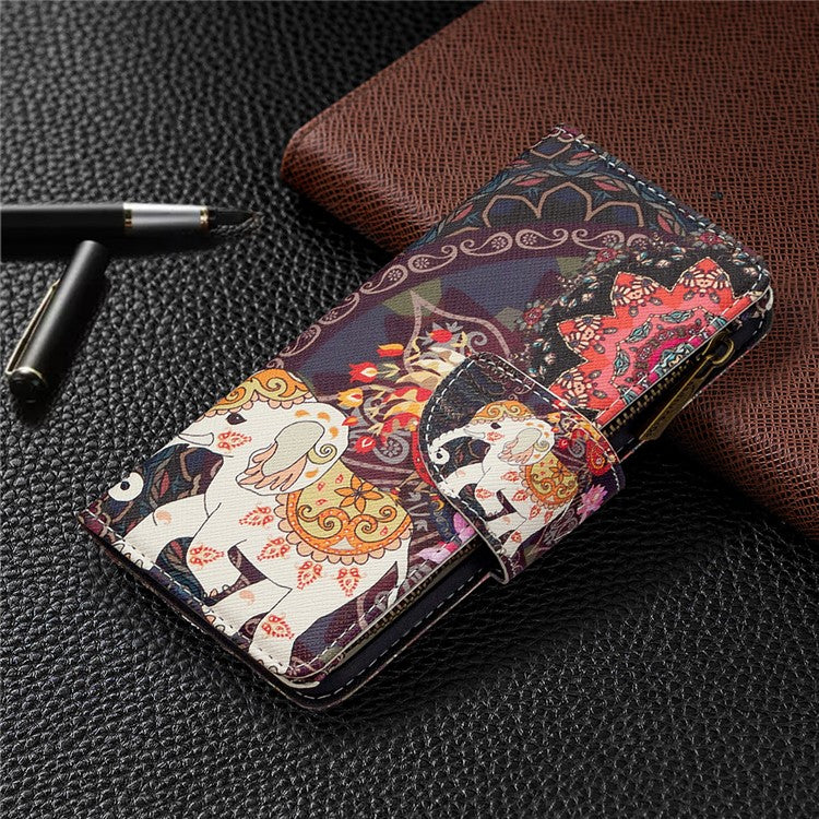 Printing Skin Zipper Pocket Leather Case for Oppo Reno3 Pro/Find X2 Neo - Elephant