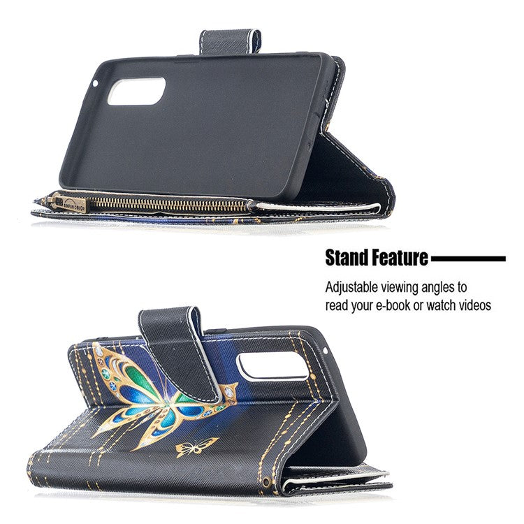 Printing Skin Zipper Pocket Leather Case for Oppo Reno3 Pro/Find X2 Neo - Crystal Butterfly