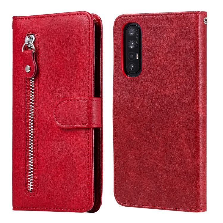 Zipper Pocket Leather Protector Wallet Case for OPPO Find X2 Neo/Reno3 Pro - Red