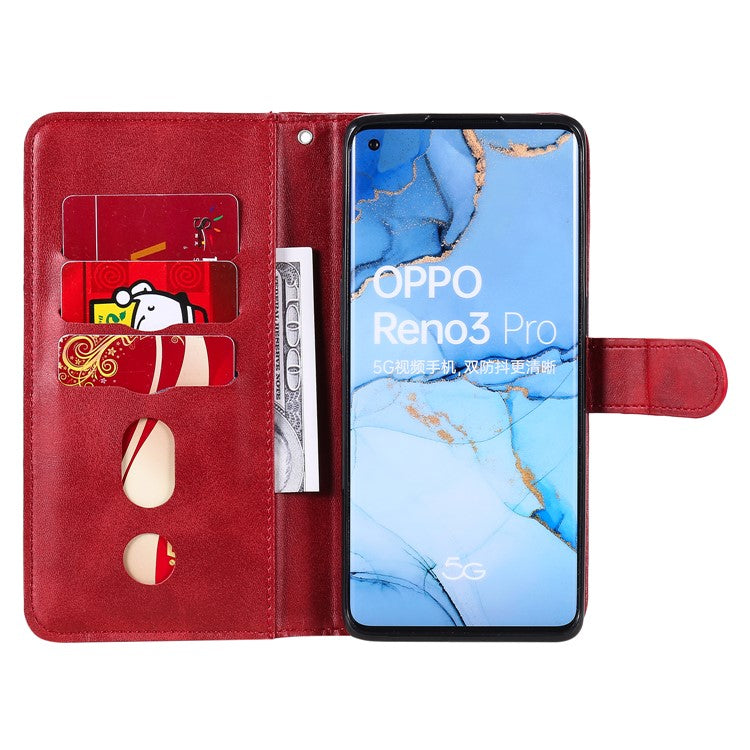 Zipper Pocket Leather Protector Wallet Case for OPPO Find X2 Neo/Reno3 Pro - Red