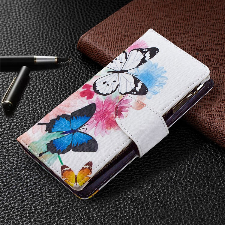 BF03 Pattern Printing Zipper Wallet Leather Phone Case for Realme C11 - Blue and White Butterfly