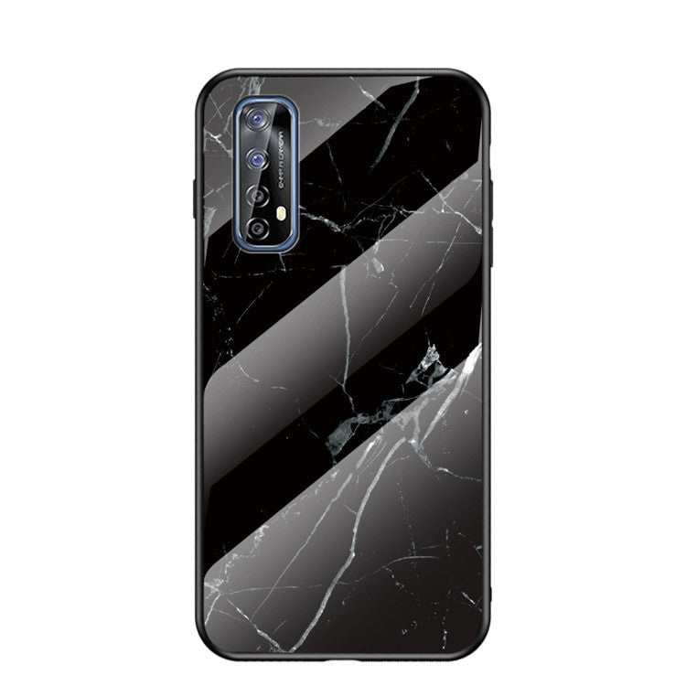 Marbling Pattern Tempered Glass + PC + TPU Edge Cell Phone Hybrid Cover for Realme 7 (Global) - Black Marble