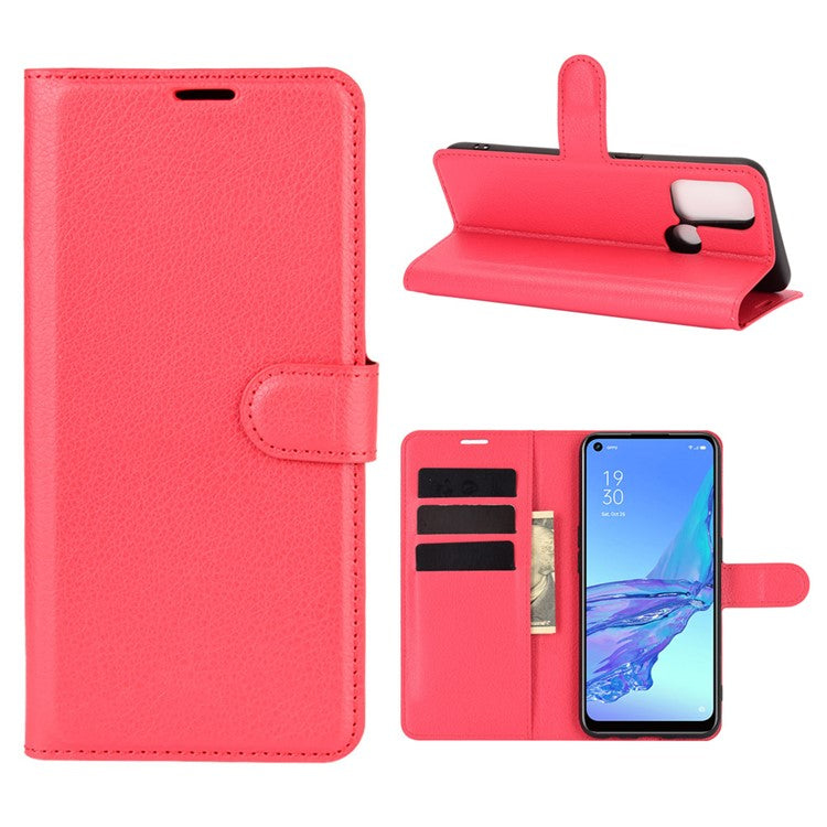 Litchi Skin Wallet Leather Cell Phone Case for Oppo A53 (2020) - Red