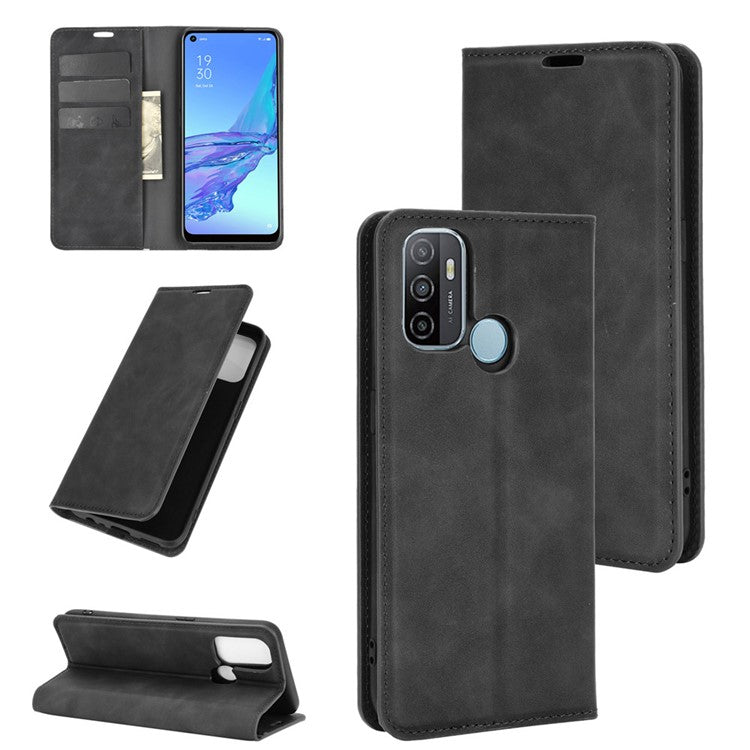 Silky Touch Leather Stand Shell Case for OPPO A53(2020) - Black