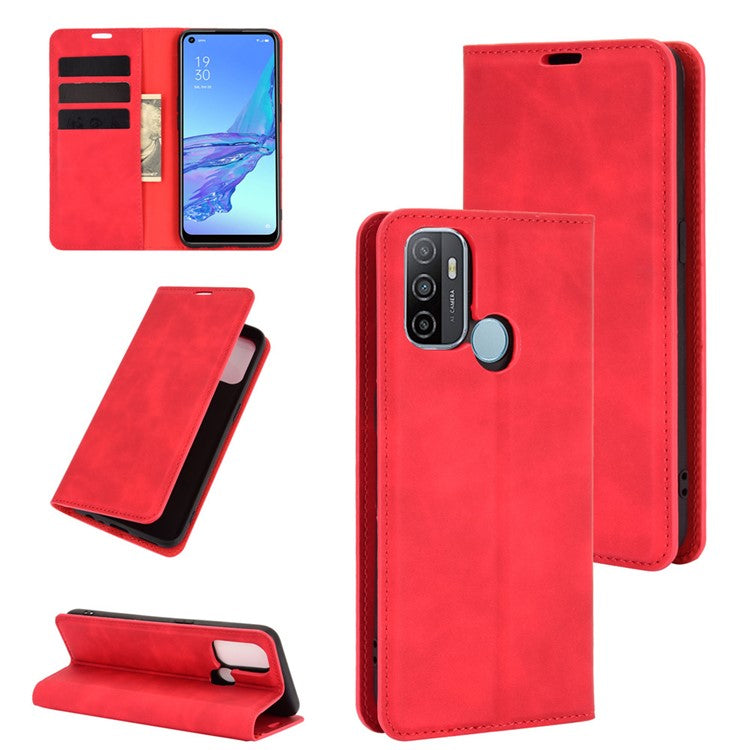 Silky Touch Leather Stand Shell Case for OPPO A53(2020) - Red