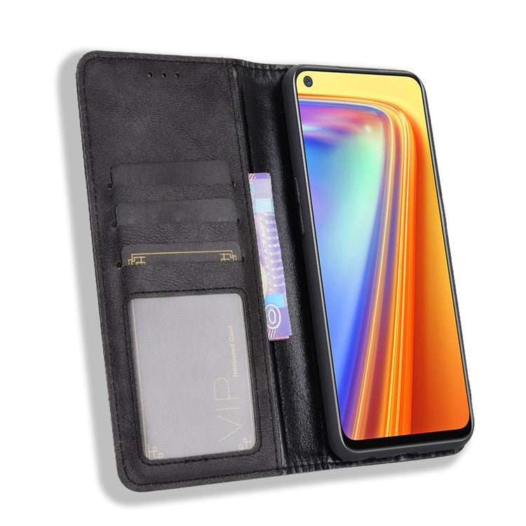 Vintage Style Magnetic PU Leather Stand Wallet Mobile Shell for Realme 7 / Realme Narzo 20 Pro - Black