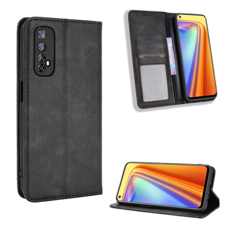 Vintage Style Magnetic PU Leather Stand Wallet Mobile Shell for Realme 7 / Realme Narzo 20 Pro - Black