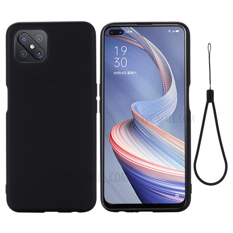 Liquid Silicone Cell Phone Cover with Strap for OPPO A92s - Black