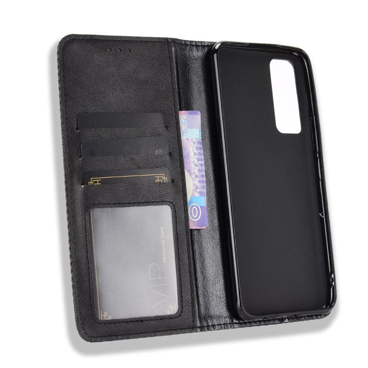 Magnetic Vintage Style Phone Case Wallet Stand Leather Cover for vivo V20 SE / vivo Y70 2020 - Black
