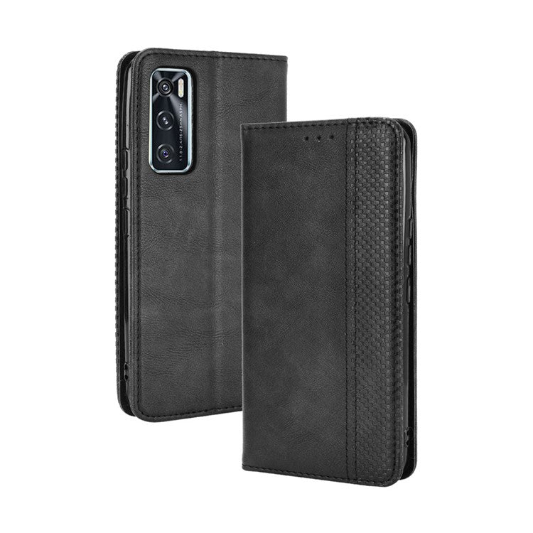 Magnetic Vintage Style Phone Case Wallet Stand Leather Cover for vivo V20 SE / vivo Y70 2020 - Black