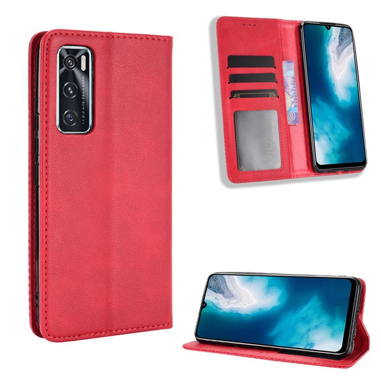 Magnetic Vintage Style Phone Case Wallet Stand Leather Cover for vivo V20 SE / vivo Y70 2020 - Red