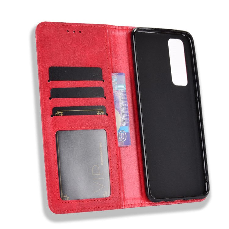 Magnetic Vintage Style Phone Case Wallet Stand Leather Cover for vivo V20 SE / vivo Y70 2020 - Red