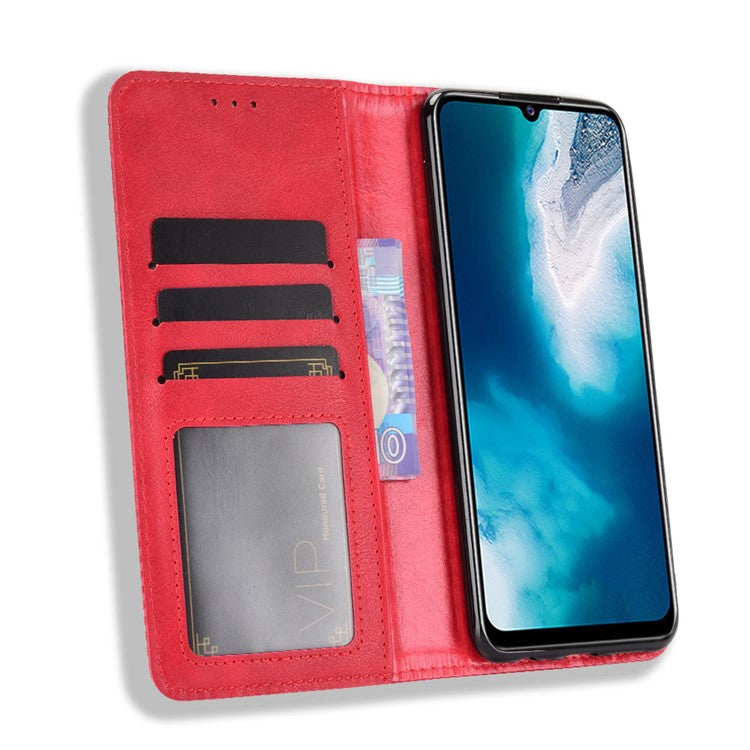 Magnetic Vintage Style Phone Case Wallet Stand Leather Cover for vivo V20 SE / vivo Y70 2020 - Red