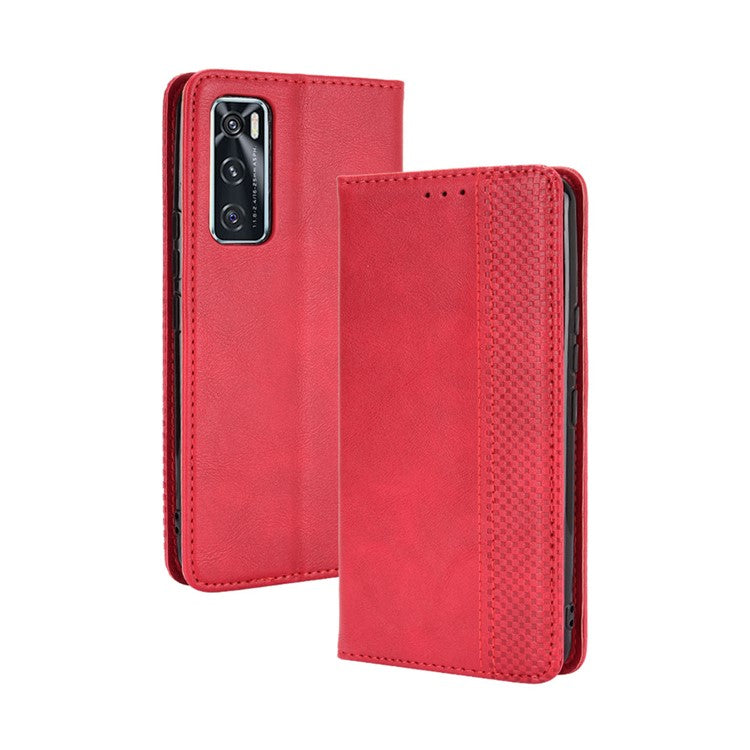 Magnetic Vintage Style Phone Case Wallet Stand Leather Cover for vivo V20 SE / vivo Y70 2020 - Red