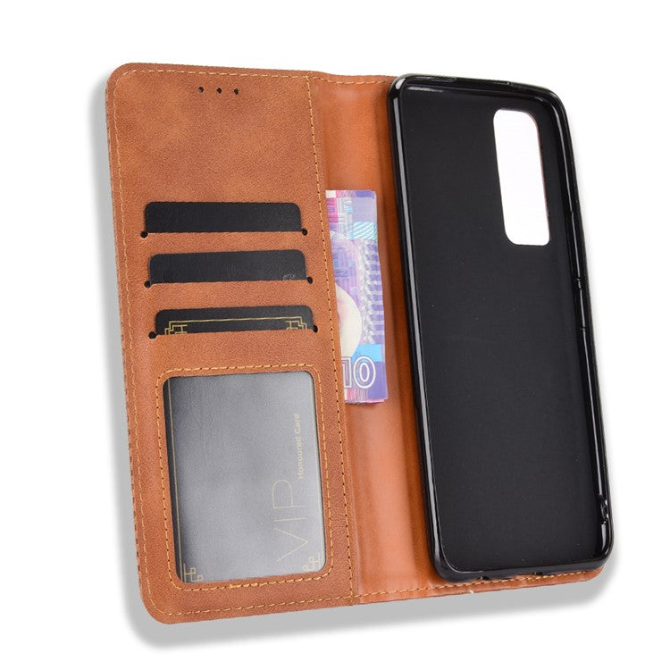 Magnetic Vintage Style Phone Case Wallet Stand Leather Cover for vivo V20 SE / vivo Y70 2020 - Brown