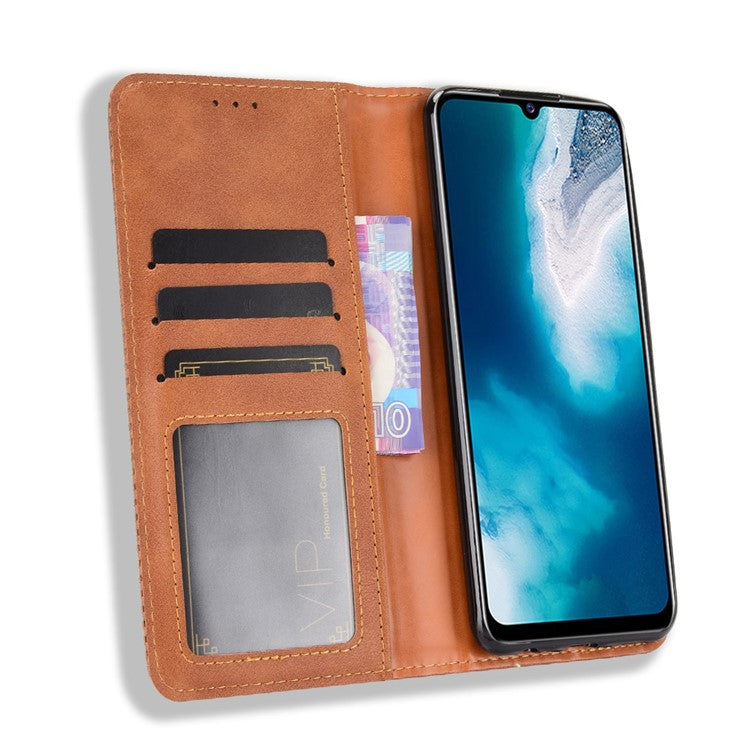 Magnetic Vintage Style Phone Case Wallet Stand Leather Cover for vivo V20 SE / vivo Y70 2020 - Brown