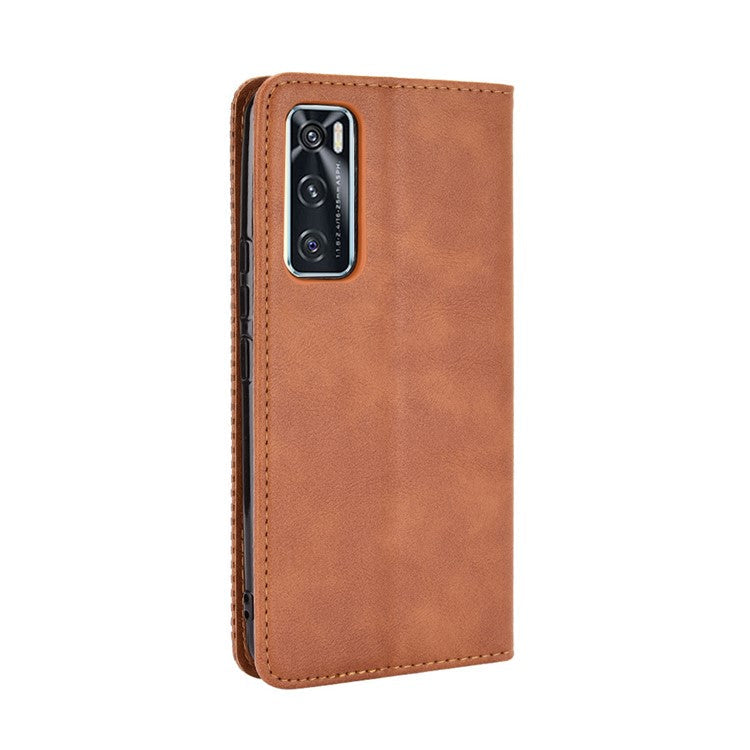 Magnetic Vintage Style Phone Case Wallet Stand Leather Cover for vivo V20 SE / vivo Y70 2020 - Brown