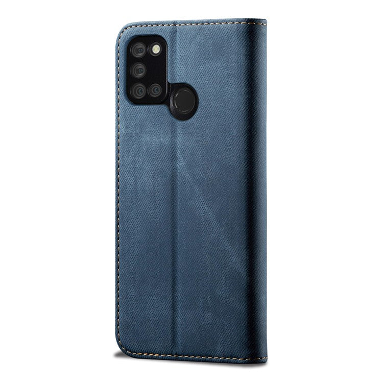 Jeans Cloth Texture Leisure Style Cell Phone Leather Case with Wallet and Stand for Realme 7i (Asia) - Blue