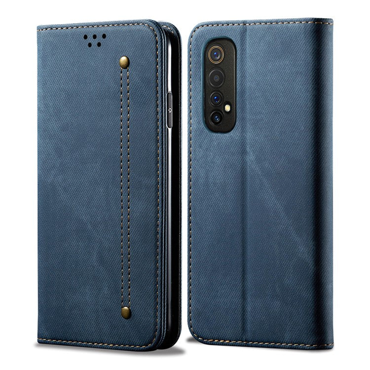 Jeans Cloth Texture Leisure Style Cell Phone Leather Case with Wallet and Stand for Realme 7 (Asia)/(Global) - Blue