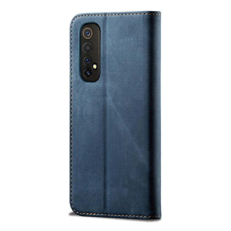 Jeans Cloth Texture Leisure Style Cell Phone Leather Case with Wallet and Stand for Realme 7 (Asia)/(Global) - Blue