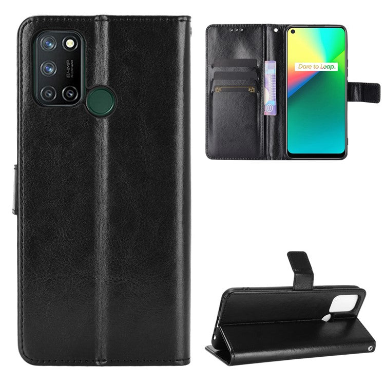 Crazy Horse Texture Leather Stand Cover for Realme 7i/C17 Phone Case - Black