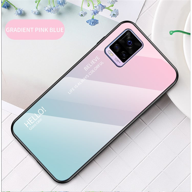 Soft TPU Edge + Color Gradient Tempered Glass Cell Phone Back Case for Vivo V20 - Pink/Blue