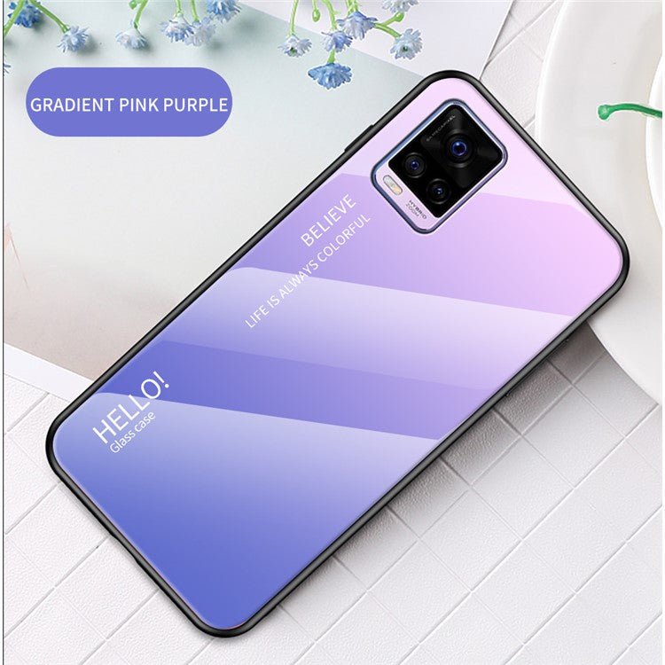 Soft TPU Edge + Color Gradient Tempered Glass Cell Phone Back Case for Vivo V20 - Pink/Purple