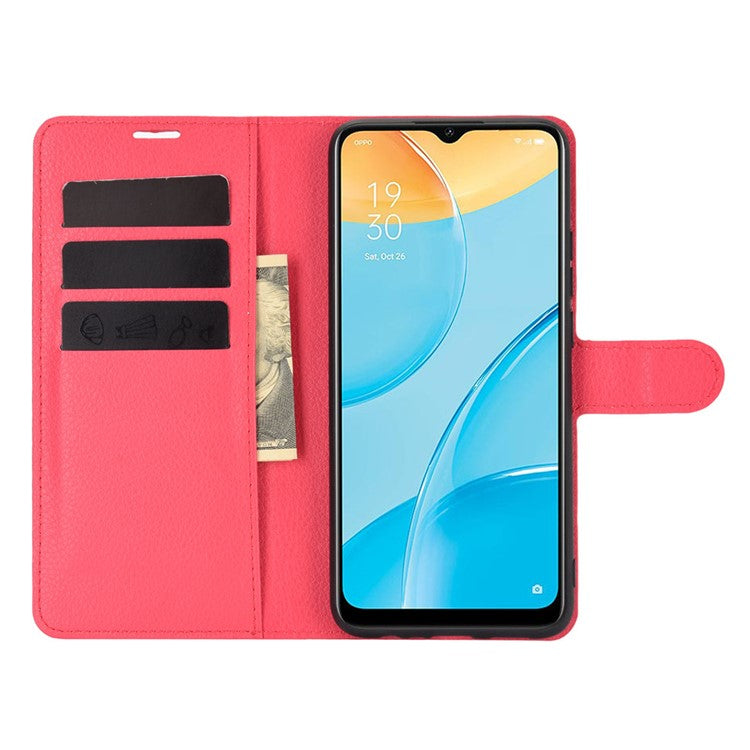 Litchi Skin Wallet Design Leather Phone Protective Cover Shell with Stand for OPPO A15 - Red