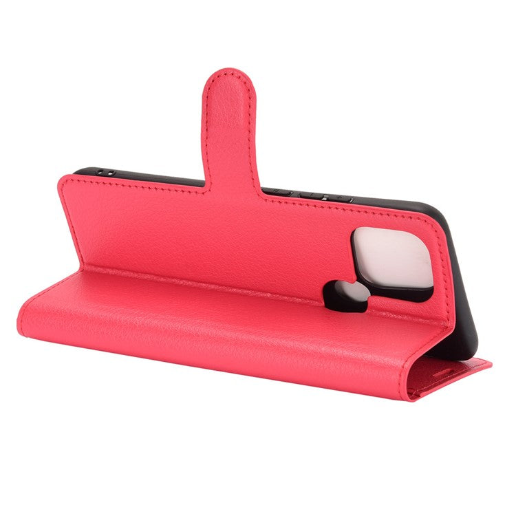 Litchi Skin Wallet Design Leather Phone Protective Cover Shell with Stand for OPPO A15 - Red