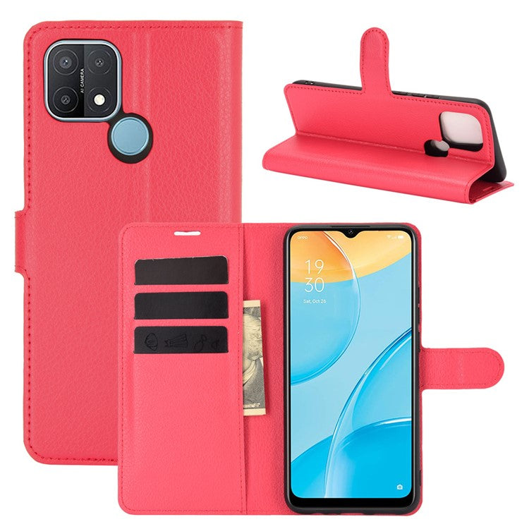 Litchi Skin Wallet Design Leather Phone Protective Cover Shell with Stand for OPPO A15 - Red