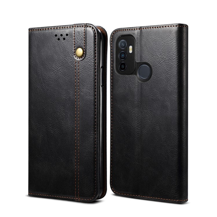 Waxy Crazy Horse Texture Leisure Style TPU + PU Leather Case Cover for Oppo A53(2020) - Black