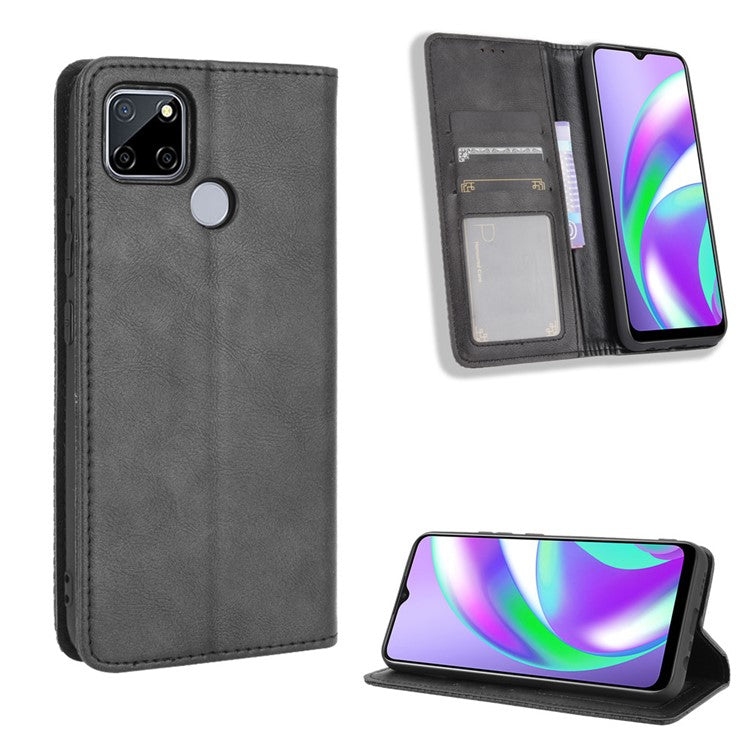Magnetic Vintage Style Phone Case Wallet Stand Leather Cover for Oppo A15 - Black