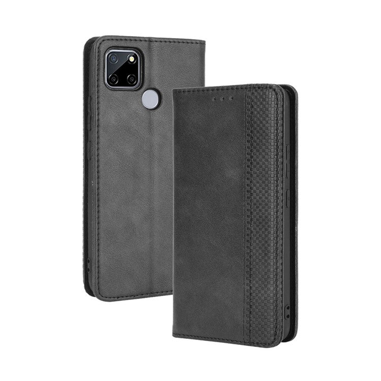 Magnetic Vintage Style Phone Case Wallet Stand Leather Cover for Oppo A15 - Black