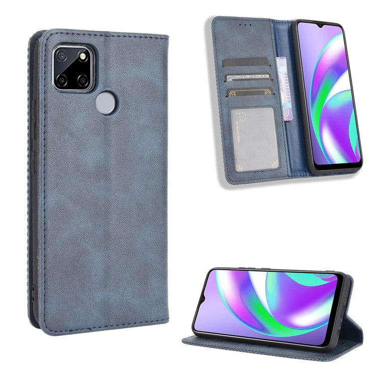 Magnetic Vintage Style Phone Case Wallet Stand Leather Cover for Oppo A15 - Blue