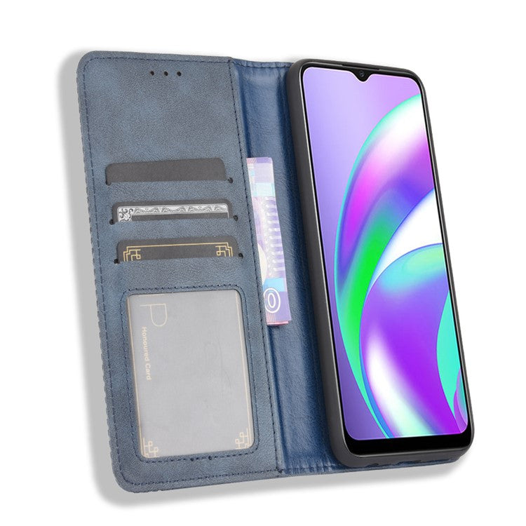 Magnetic Vintage Style Phone Case Wallet Stand Leather Cover for Oppo A15 - Blue