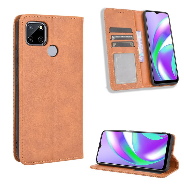 Magnetic Vintage Style Phone Case Wallet Stand Leather Cover for Oppo A15 - Brown