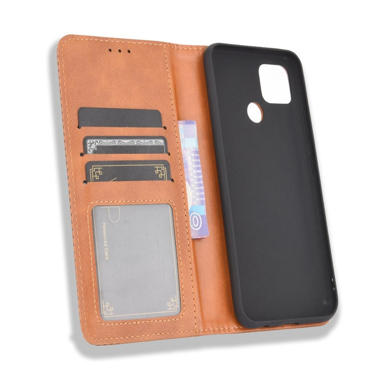 Magnetic Vintage Style Phone Case Wallet Stand Leather Cover for Oppo A15 - Brown