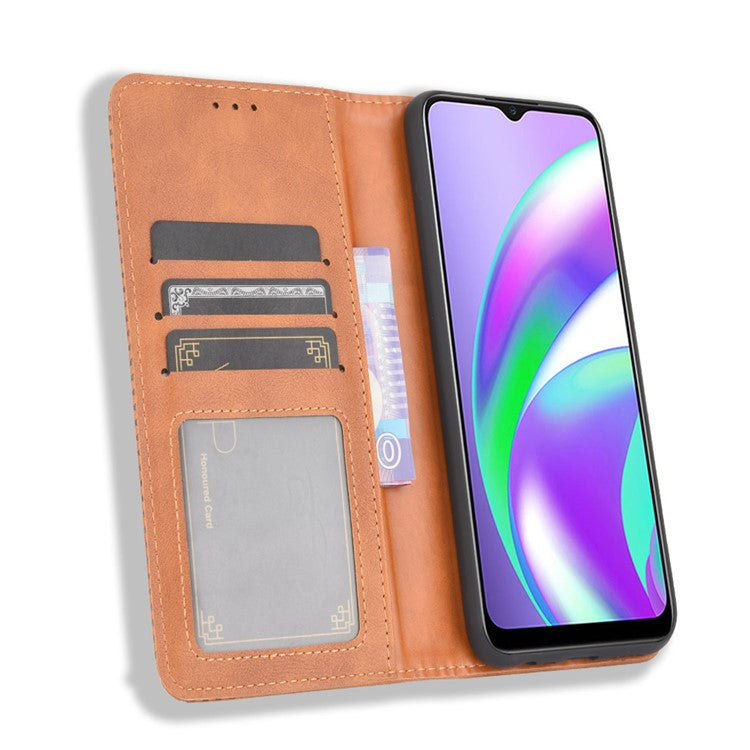 Magnetic Vintage Style Phone Case Wallet Stand Leather Cover for Oppo A15 - Brown