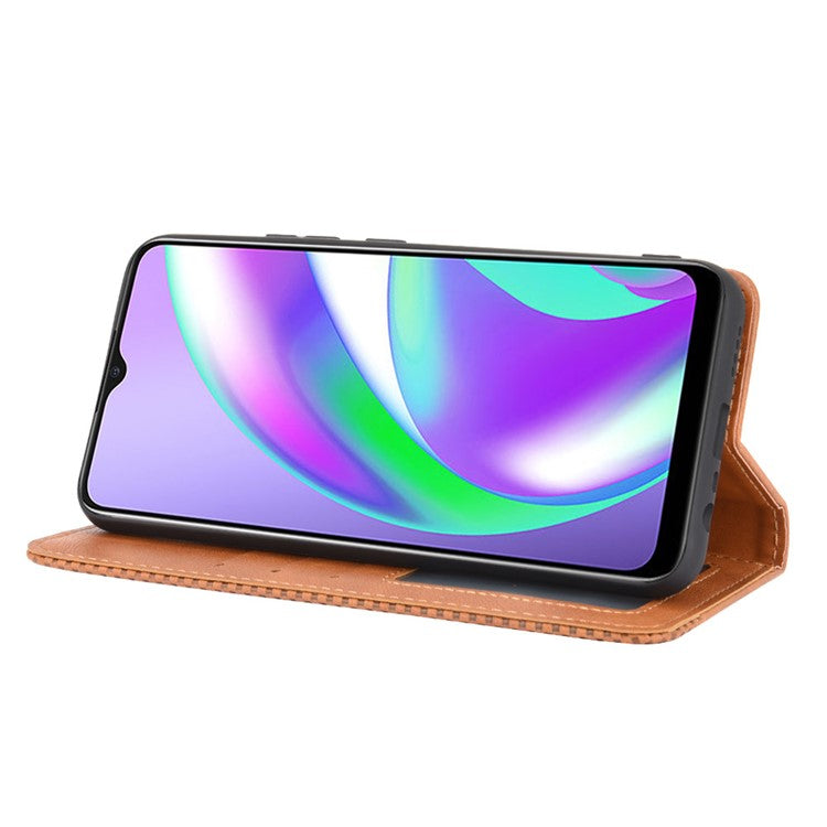 Magnetic Vintage Style Phone Case Wallet Stand Leather Cover for Oppo A15 - Brown