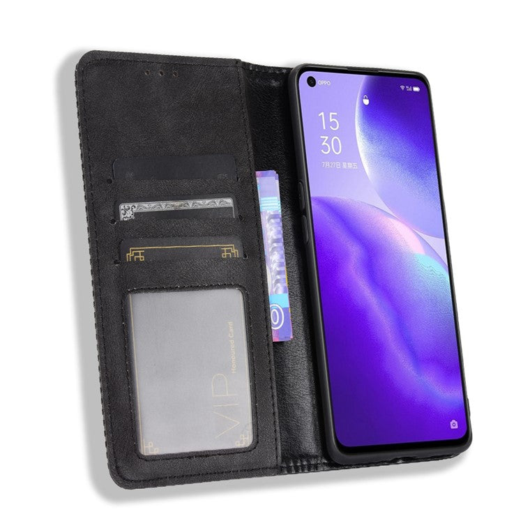 Retro Style Auto-absorbed Leather Wallet Stand Phone Shell Full Protection for Oppo Reno5 5G - Black