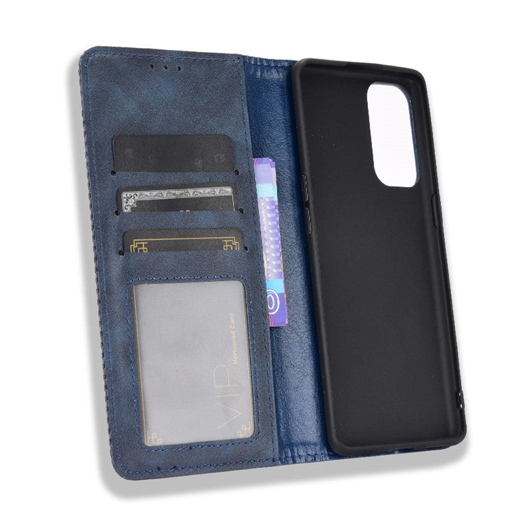 Retro Style Auto-absorbed Leather Wallet Stand Phone Shell Full Protection for Oppo Reno5 5G - Blue